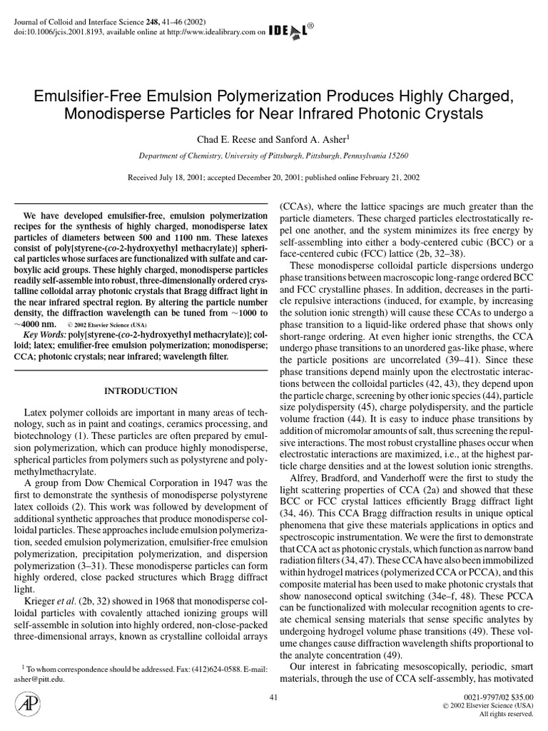 Emulsifier-Free Emulsion Polymerization Produces Highly Charged, 1 ...