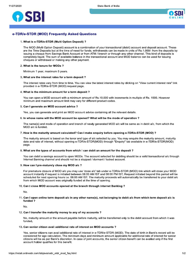 SBI - e-TDR - & - e-STDR - (Info On Multi-Oprion TDR) - 27.11.2020 | PDF