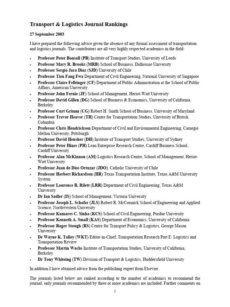 Transport & Logistics Journal Rankings | PDF | Methodology | Survey ...