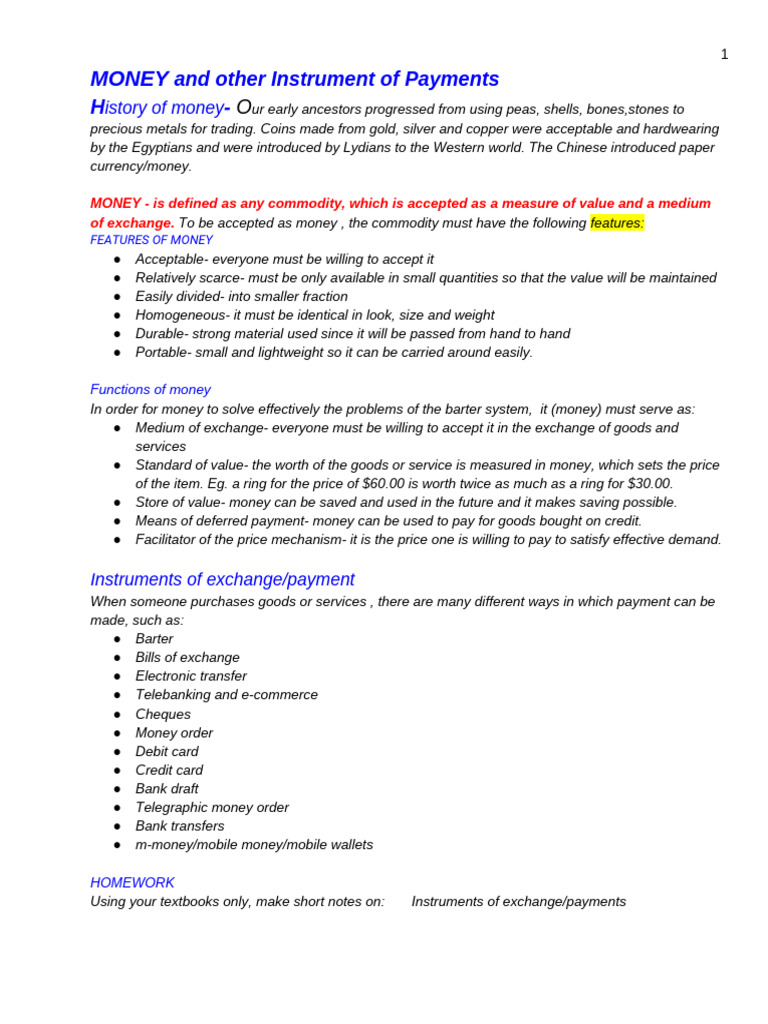 Money and Other Instrument of Payments | PDF