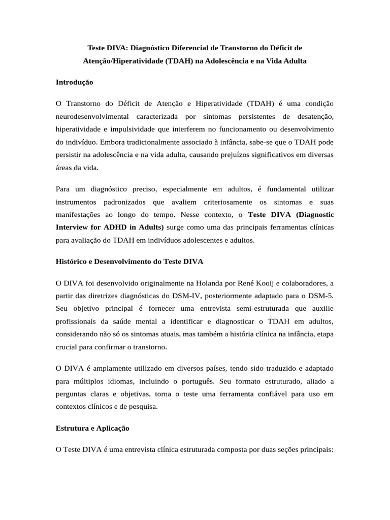 Diagnóstico Diferencial do TDAH com DIVA | PDF | Transtorno de déficit ...