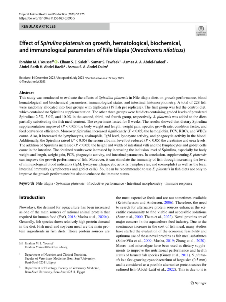 Effect of Spirulina Platensis On Growth, Hematological, Biochemical ...