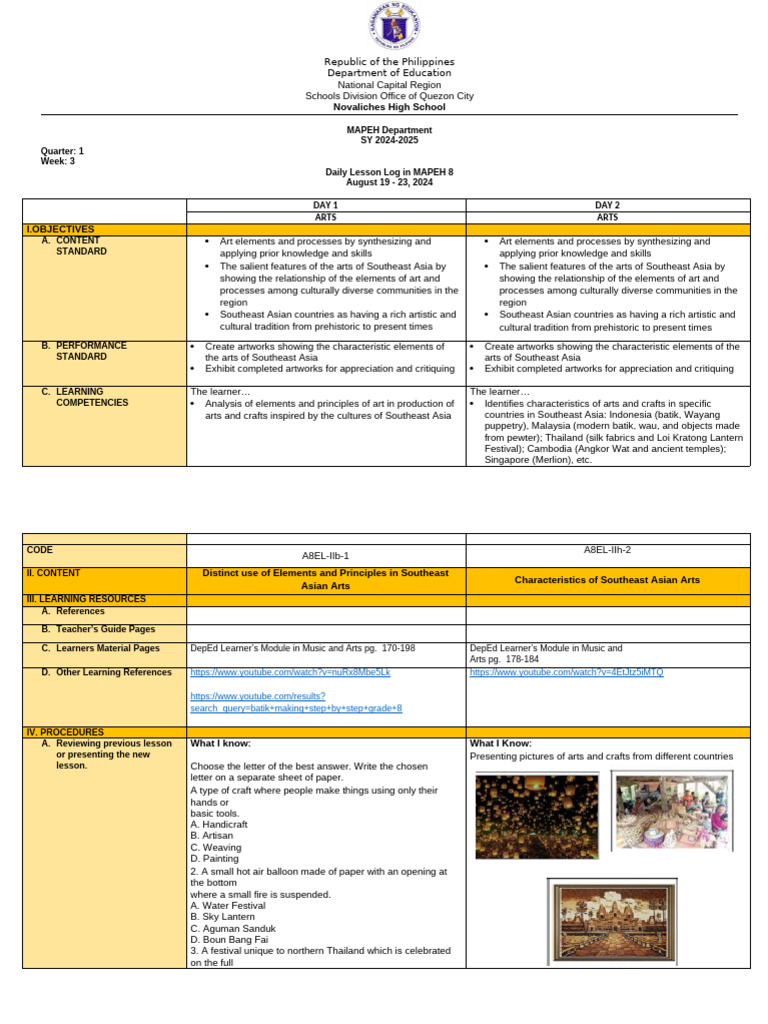 MAPEH 8 Daily Lesson Log: Southeast Asian Arts | PDF | Dyeing | Khmer ...