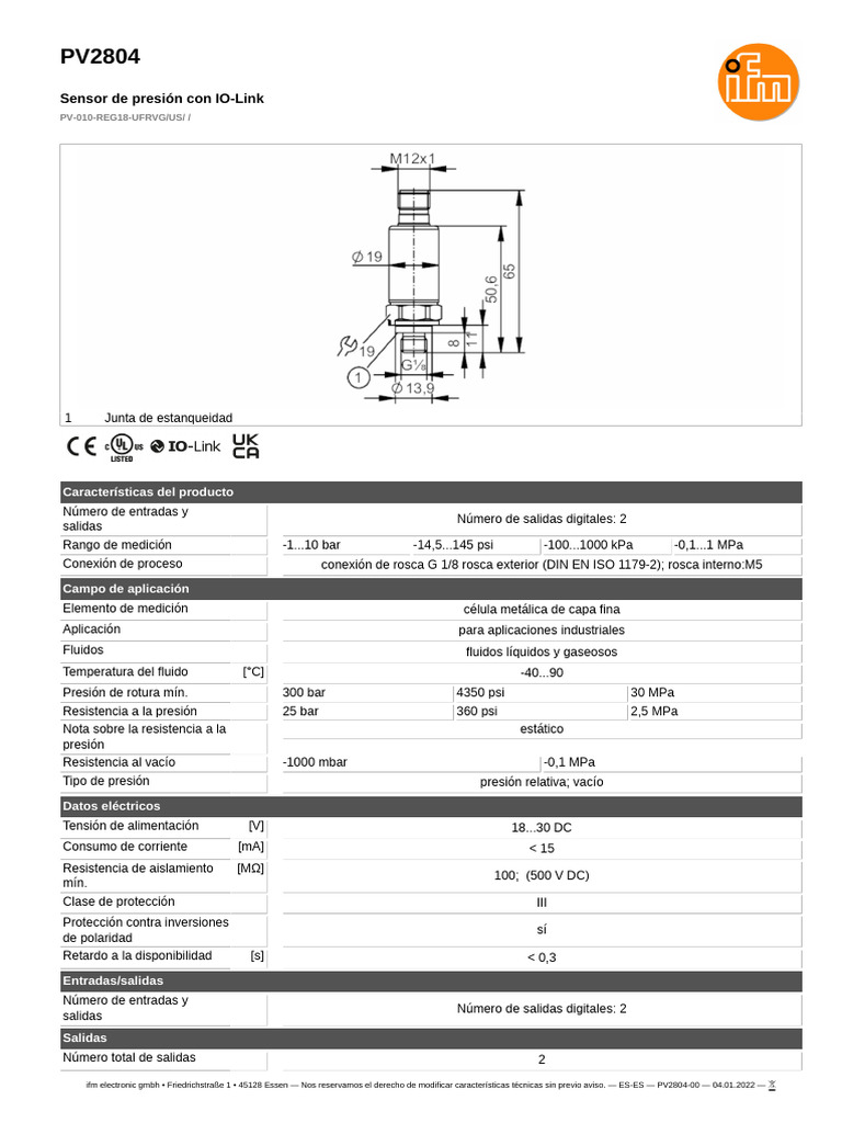 Sensor Analogo PV2804 00 - ES ES | PDF | Presión | Pascal (Unidad)