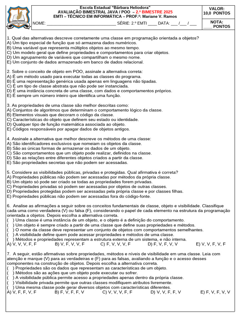 Avaliação de POO com Java - 2.º BIMESTRE | PDF | Classe (programação de ...