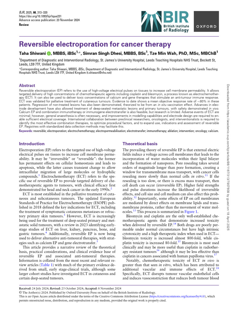 Reversible Electroporation in Cancer Therapy | PDF | Metastasis ...
