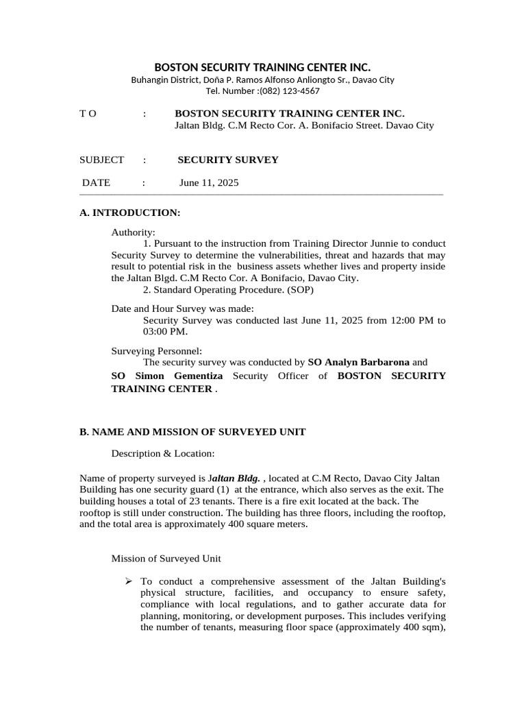 Security Survey Report for Jaltan Building | PDF | Physical Security ...