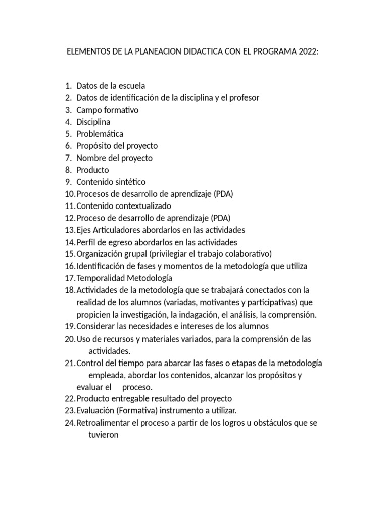 Elementos de La Planeacion Didactica Con El Programa 2022 | PDF