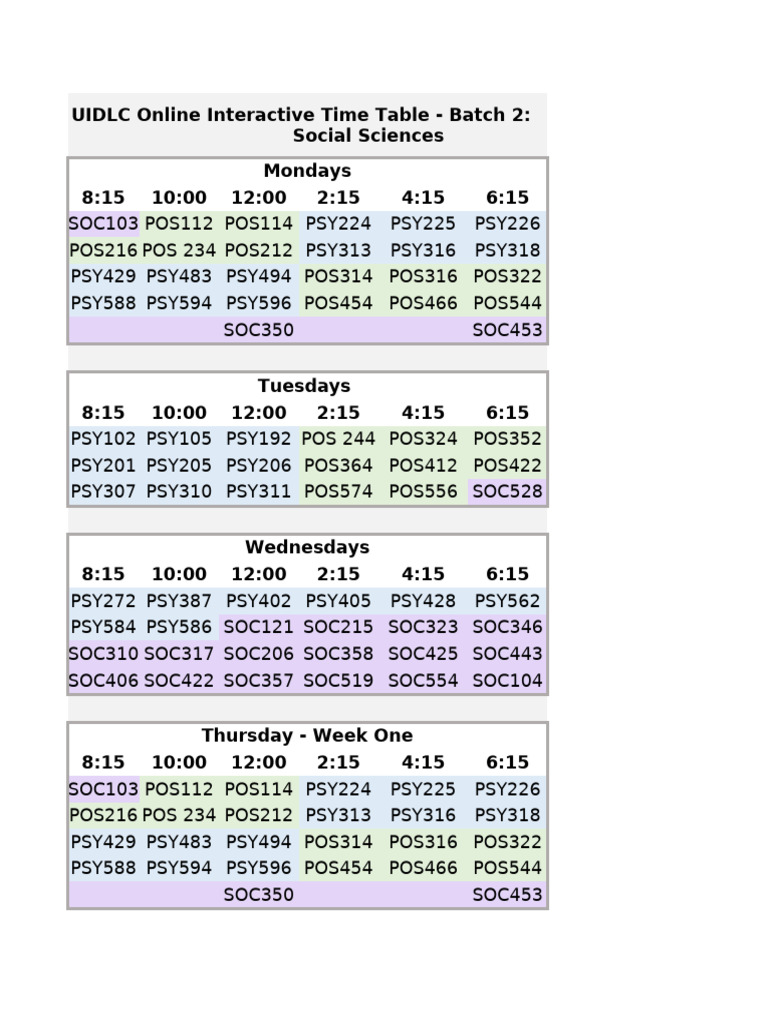 UIDLC PI-And-VI TimeTables Batch2 | PDF