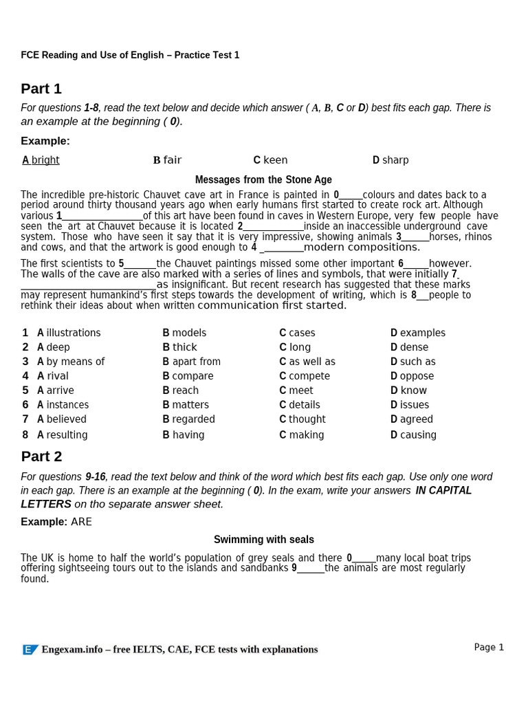 FCE Reading and Use of English - Practice Test 1 | PDF | Verb | Adjective