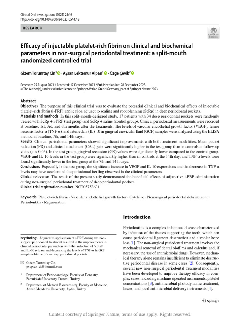 Efficacy of Injectable Platelet Rich Fibrin On Clinical and Biochemical ...