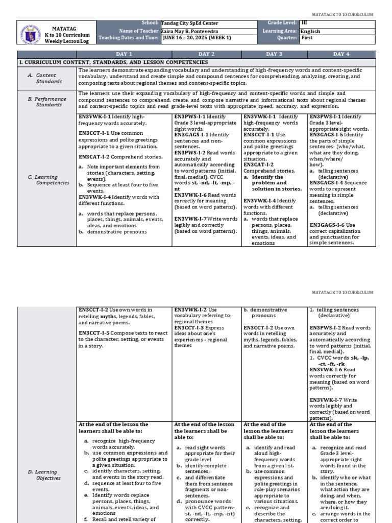 MATATAG K to 10 English Curriculum | PDF | Narrative | Vocabulary