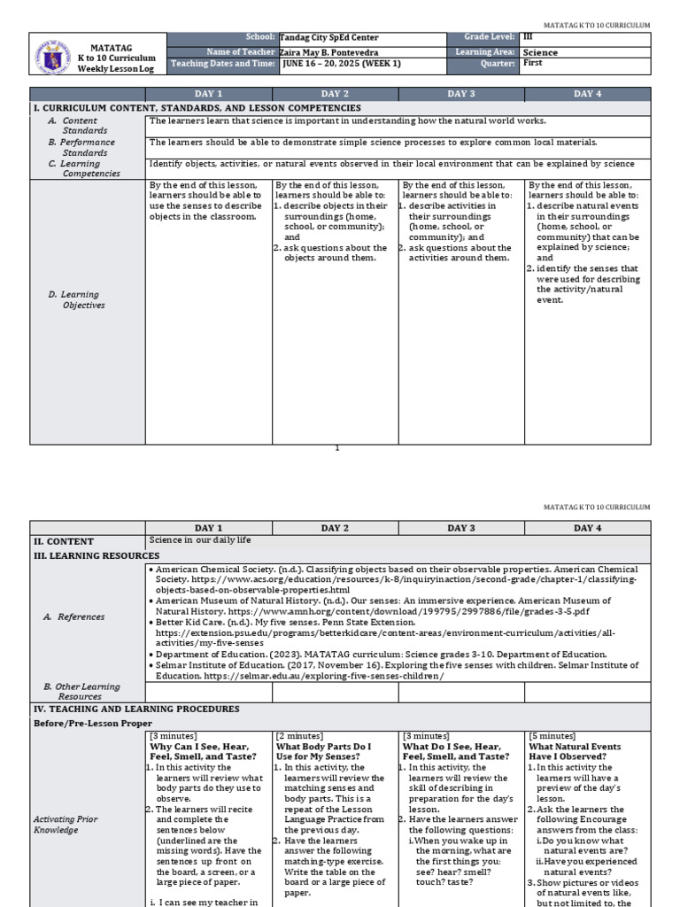 MATATAG K to 10 Science Curriculum | PDF | Senses | Taste