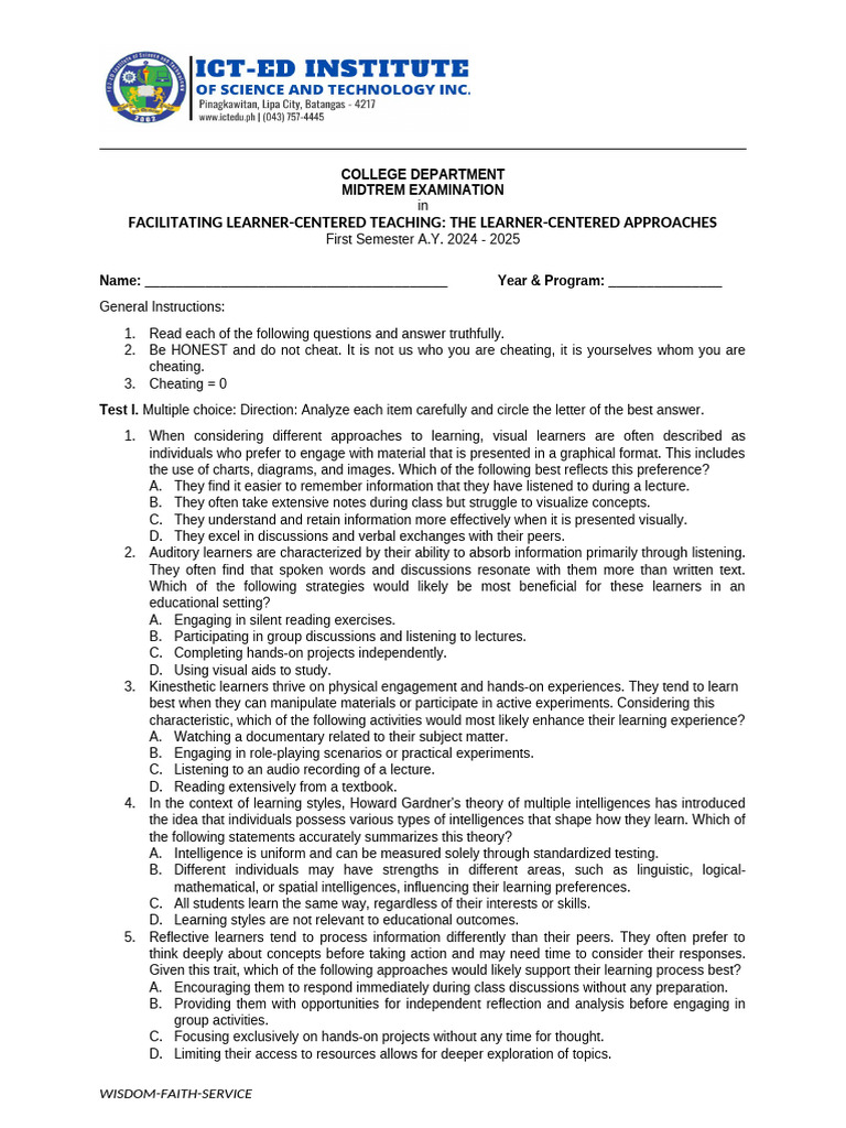 Midterm - Facilitating Learning | PDF | Learning Styles | Learning