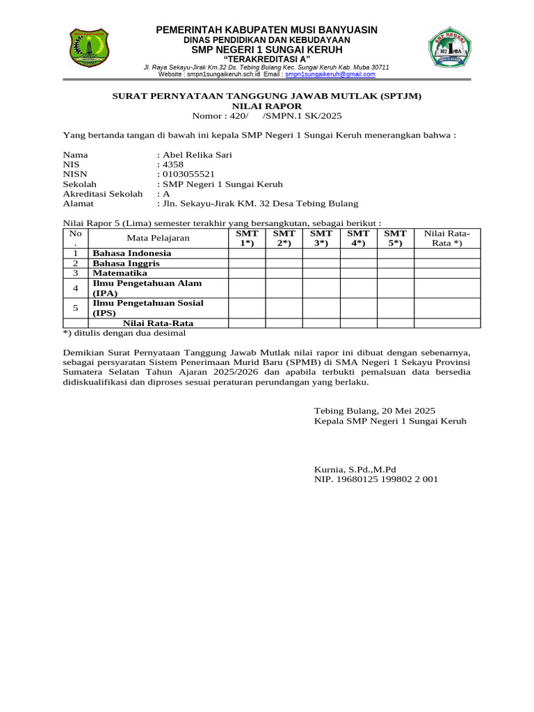 Surat Pernyataan Nilai Rapor SMPN 1 SK | PDF
