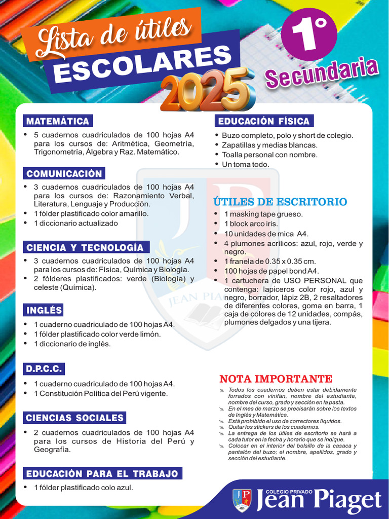 Útiles escolares para secundaria Jean Piaget | PDF | Matemáticas | Science