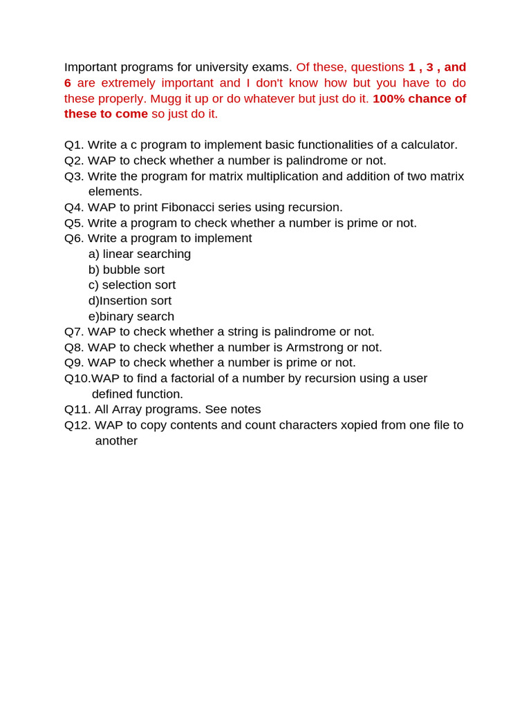 Important Programs For University Exams | PDF