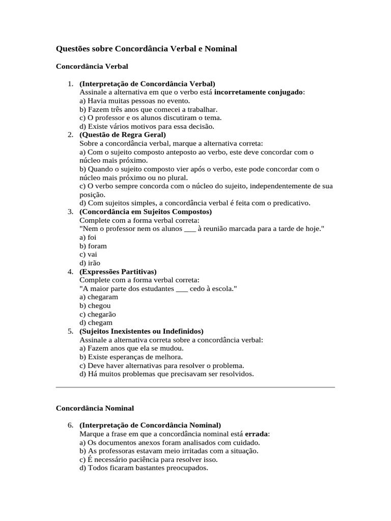 Questões de Concordância Verbal e Nominal | PDF | Assunto (gramática ...