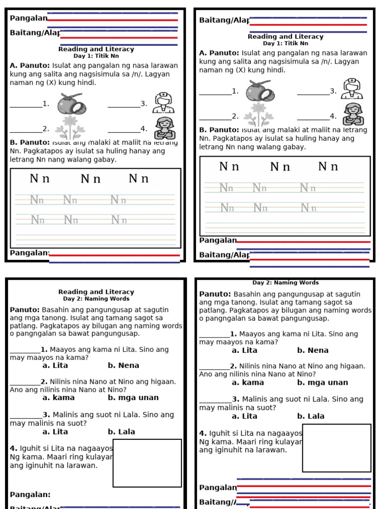 Pangalan: Baitang/Alap: Baitang/Alap:: Reading and Literacy Reading and ...