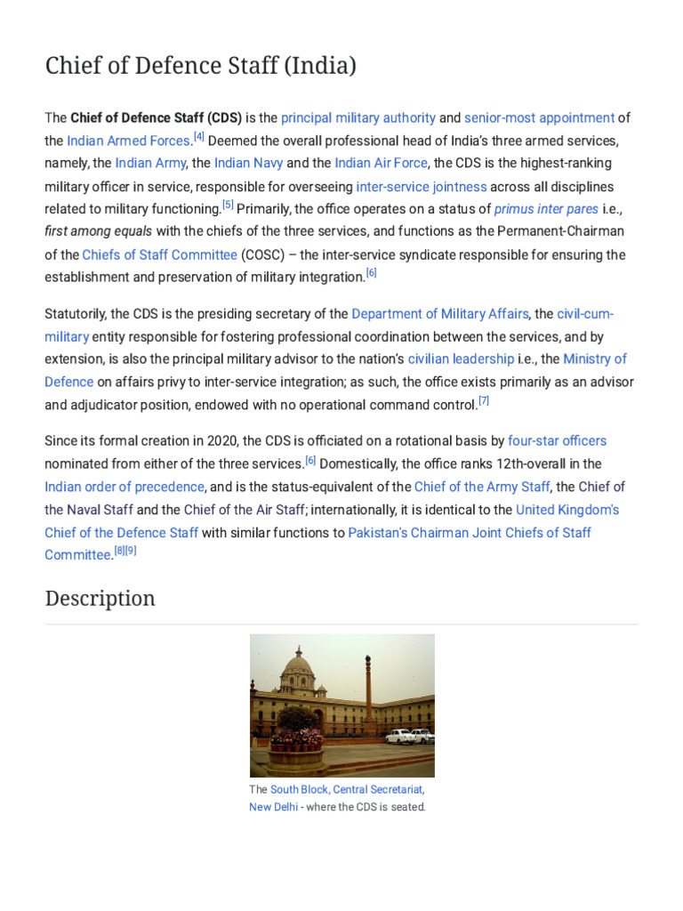 Role and Responsibilities of CDS India | PDF | Military | Government Of ...