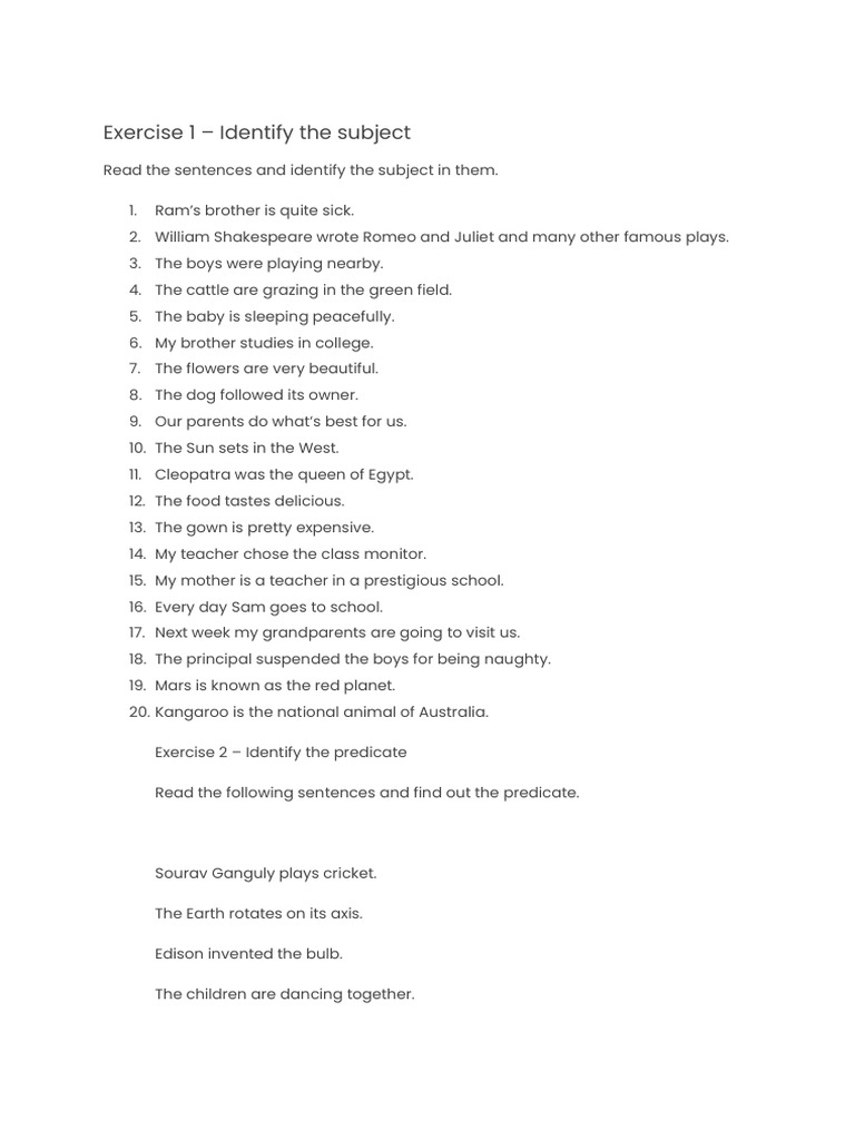 Subject and Predicate Identification Exercises | PDF | Grammatical ...