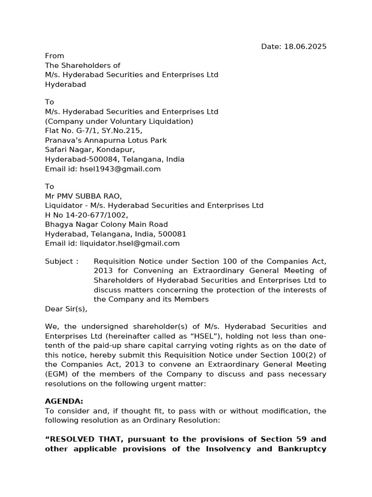 EGM Requisition Notice for HSEL Liquidation | PDF | Insolvency ...