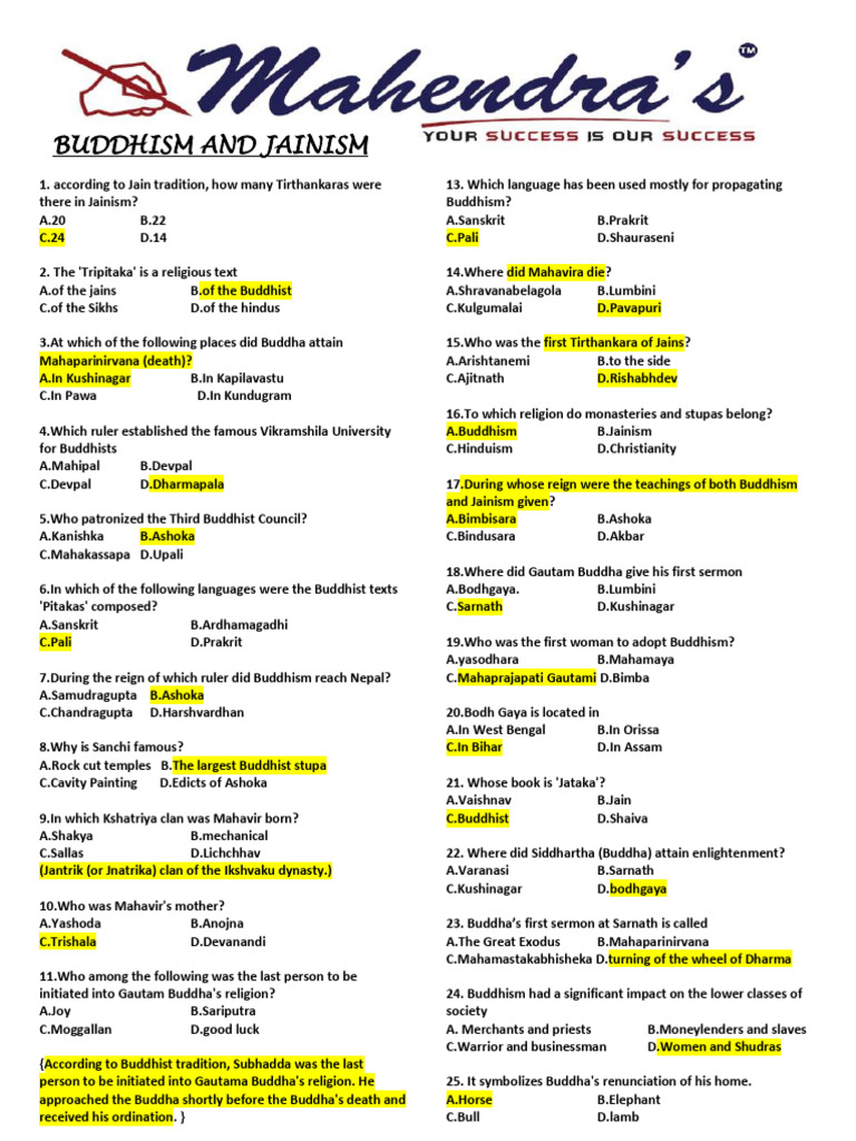 Buddhism and Jainism Quiz Questions | PDF | Ashoka | Indian Religions