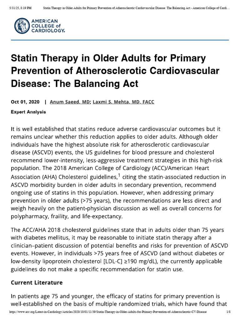 Statin Therapy in Older Adults For Primary Prevention of ...