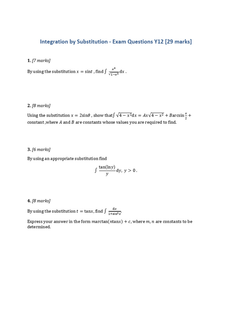 Integration by Substitution Exam Questions | PDF