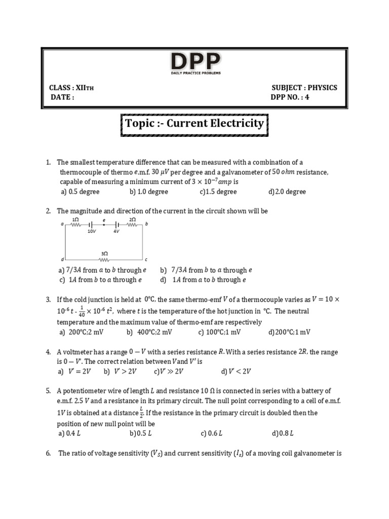 Physics DPP 4: Current Electricity Solutions | PDF | Thermocouple ...