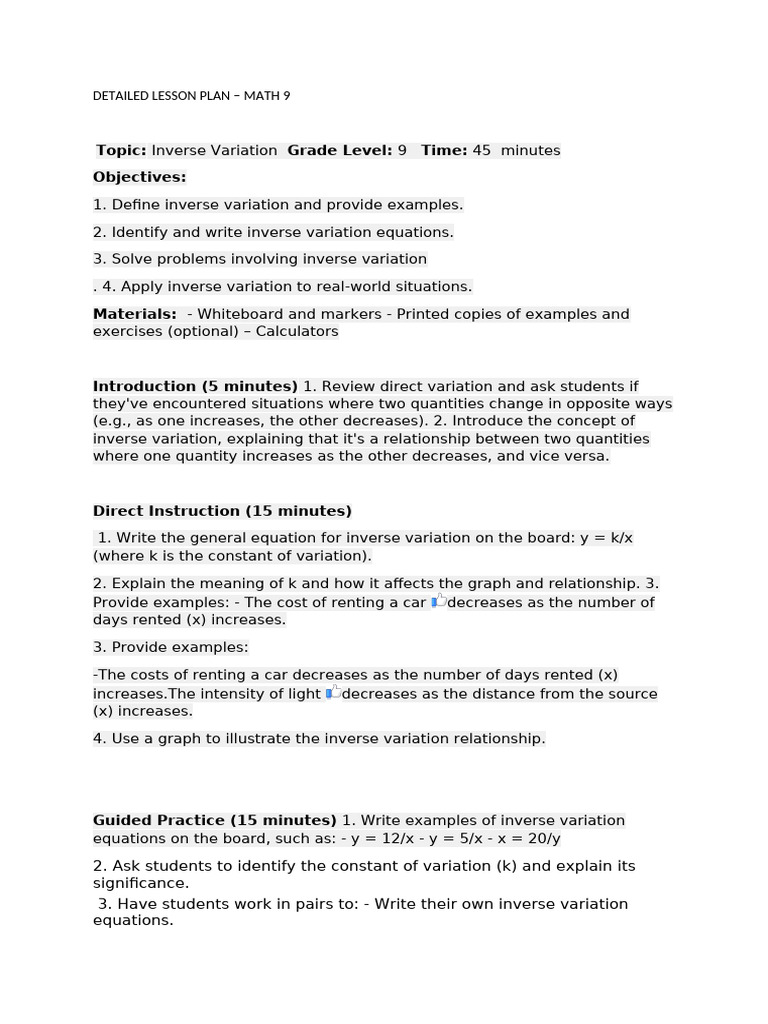 Inverse Variation Lesson Plan for 9th Grade | PDF | Equations | Quantity