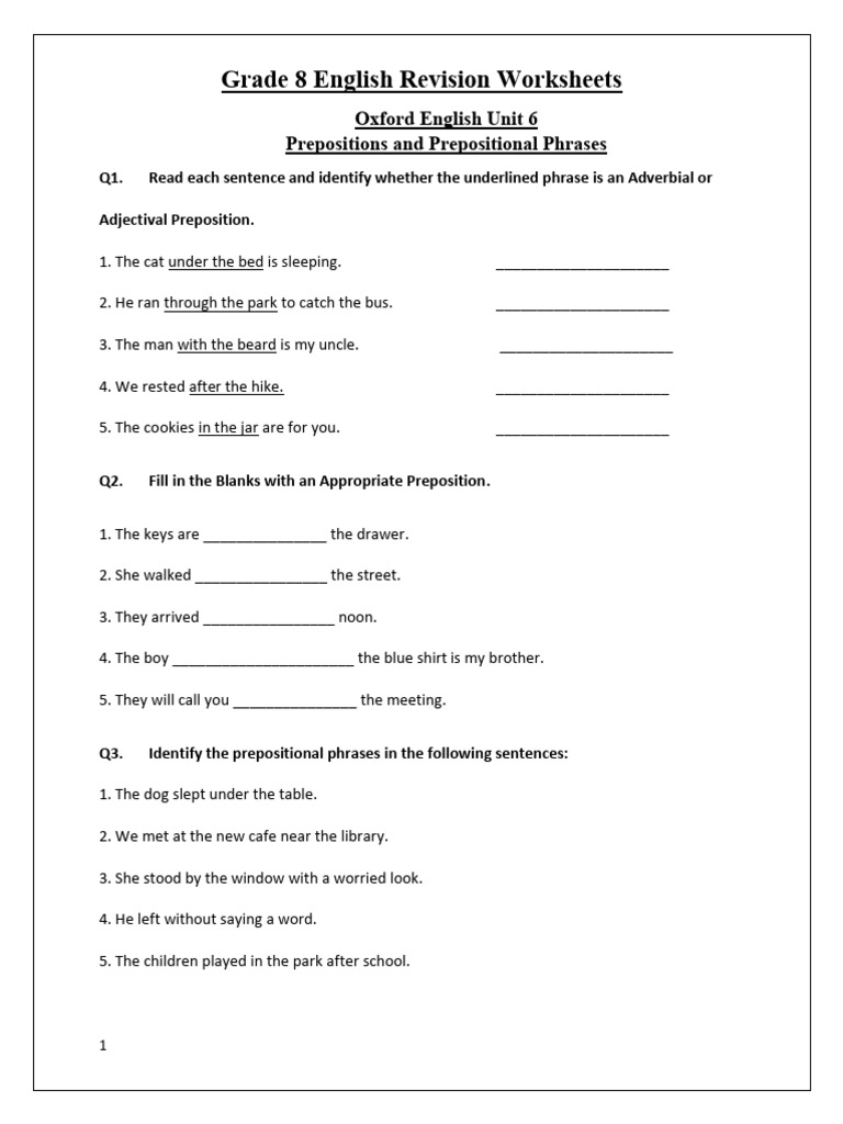 Grade 8 English Revision Worksheets | PDF | Adverb | Adjective