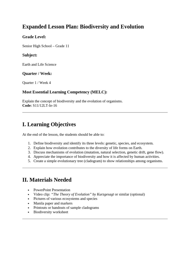 Biodiversity and Evolution Lesson Plan | PDF | Evolution | Natural ...