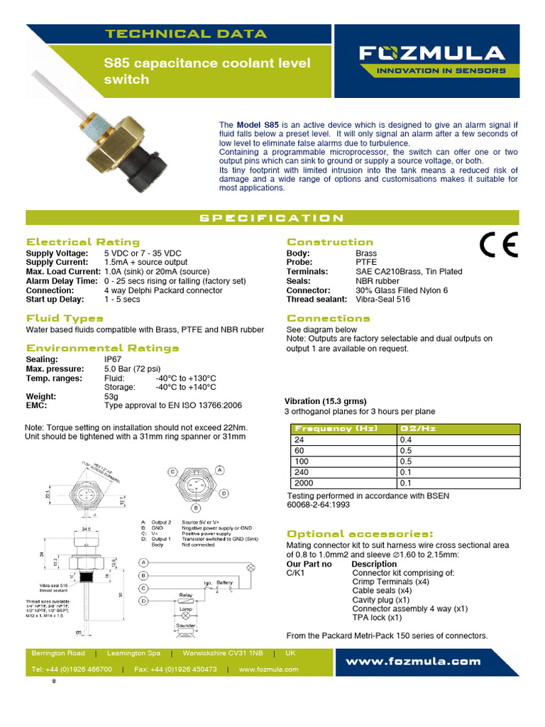 Fozmula S85 Coolant Level Sensor Specs | PDF | Electrical Connector ...