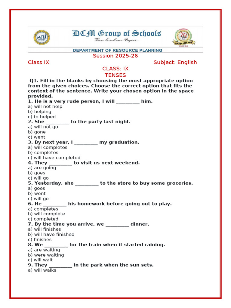 Class 9 Tenses Worksheet Exercises | PDF