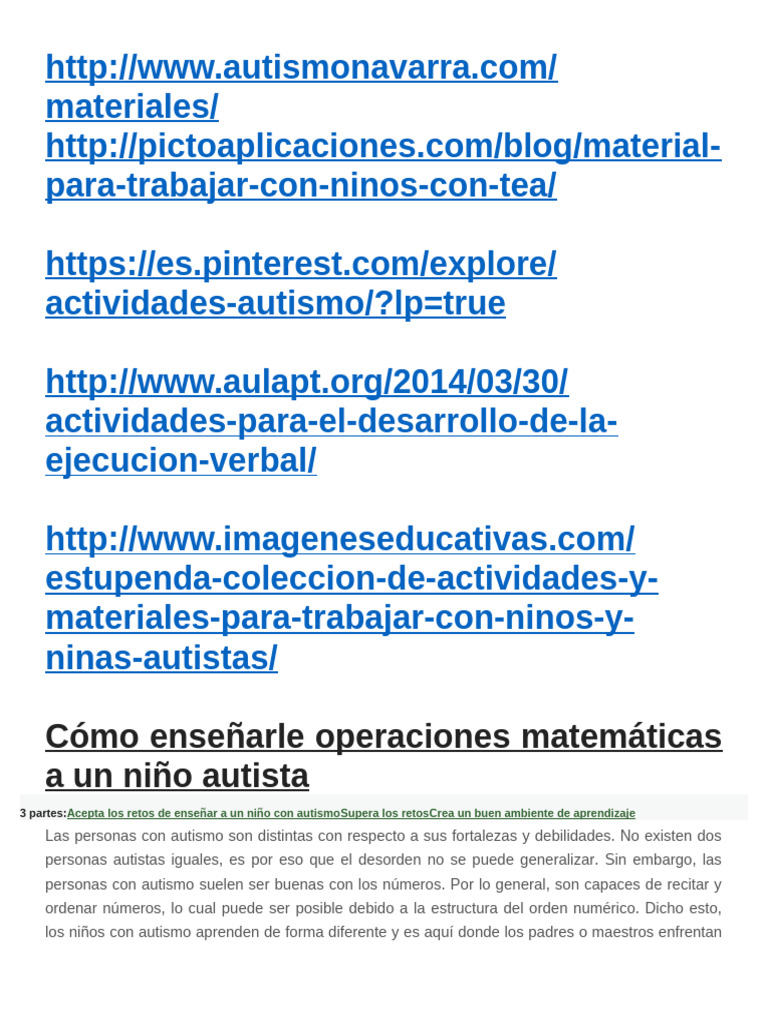 Cómo Enseñarle Operaciones Matemáticas A Un Niño Autista | PDF