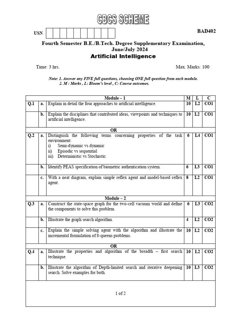 AI Degree Exam Questions - BAD402 | PDF | Logic | First Order Logic