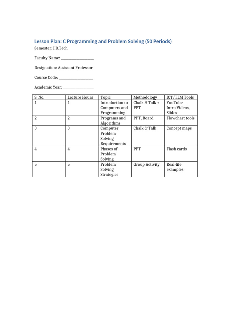 C Programming Lesson Plan Overview | PDF