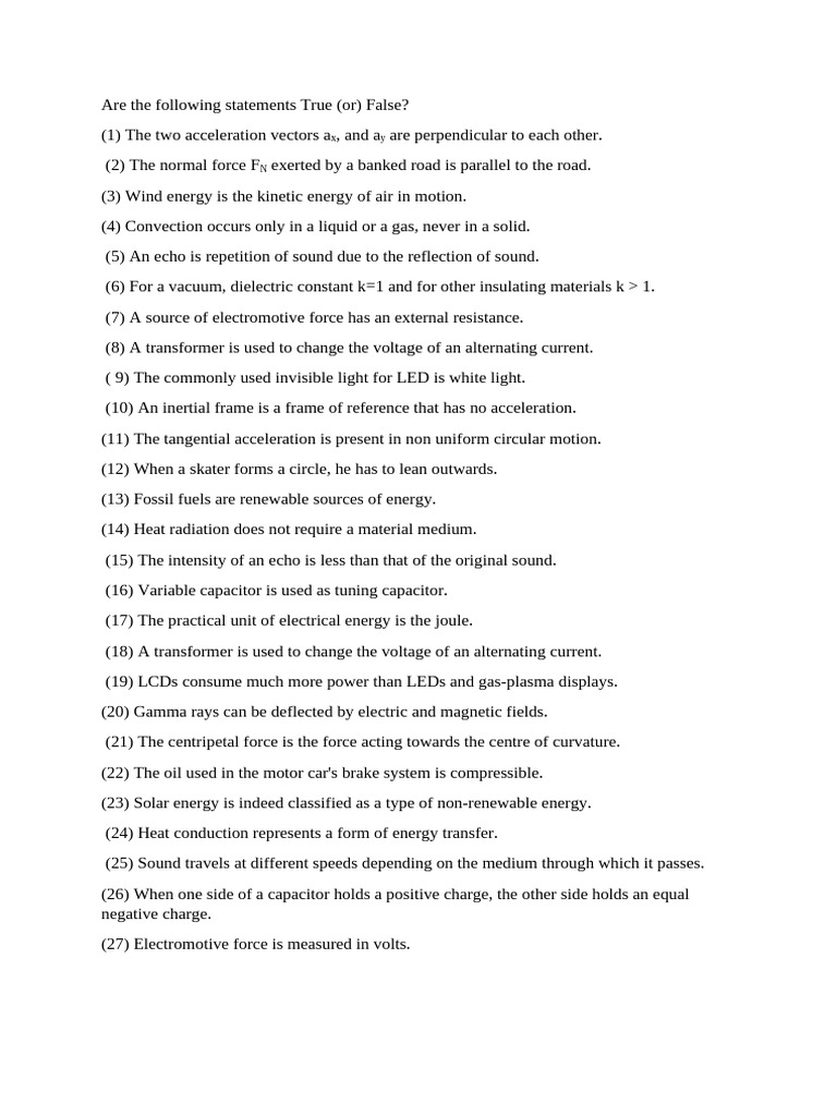 True/False Physics Answer Key | PDF | Force | Electric Current