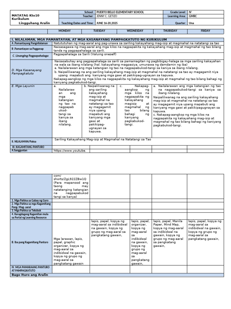 DLL - GMRC 4 - Q1 - W1 | PDF
