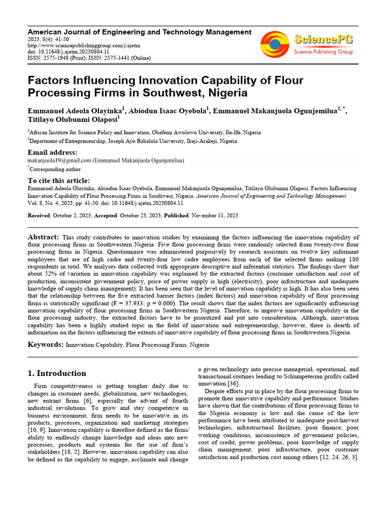 Factors Influencing Innovation Capability of Flour Processing Firms in ...