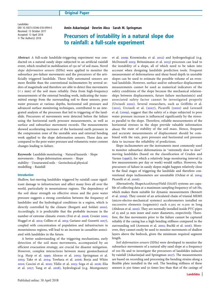 Precursors of Instability in A Natural Slope Due T | PDF | Landslide ...