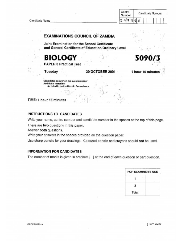g12 Biology p3 2001 | PDF