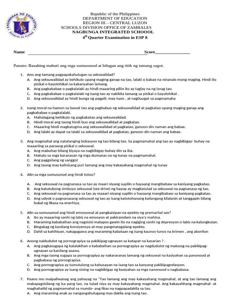 Esp8 4th Periodical Exam | PDF