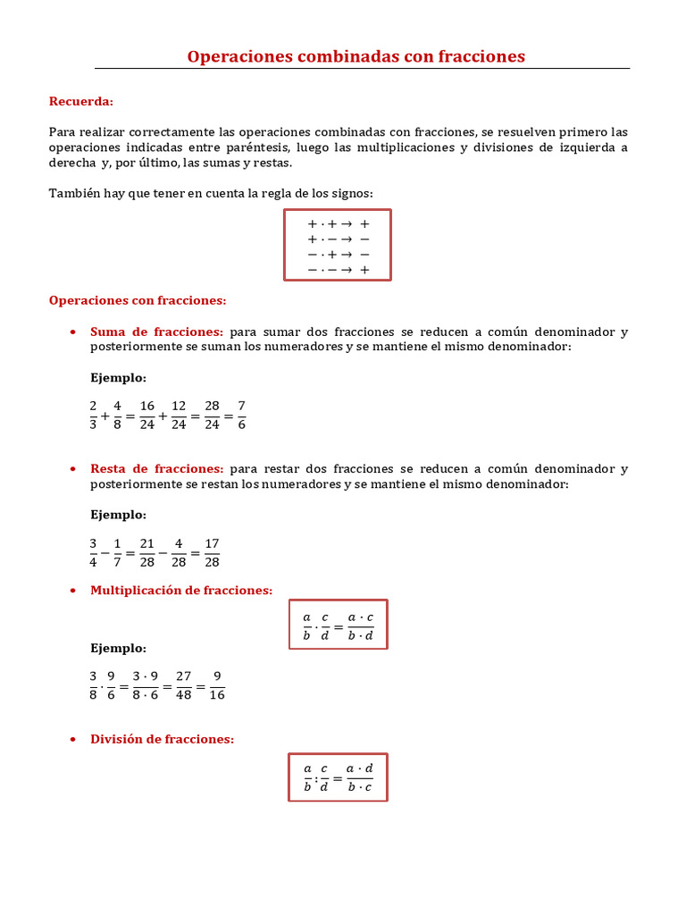 Operaciones Combinadas con Fracciones | PDF | Sustracción | Multiplicación