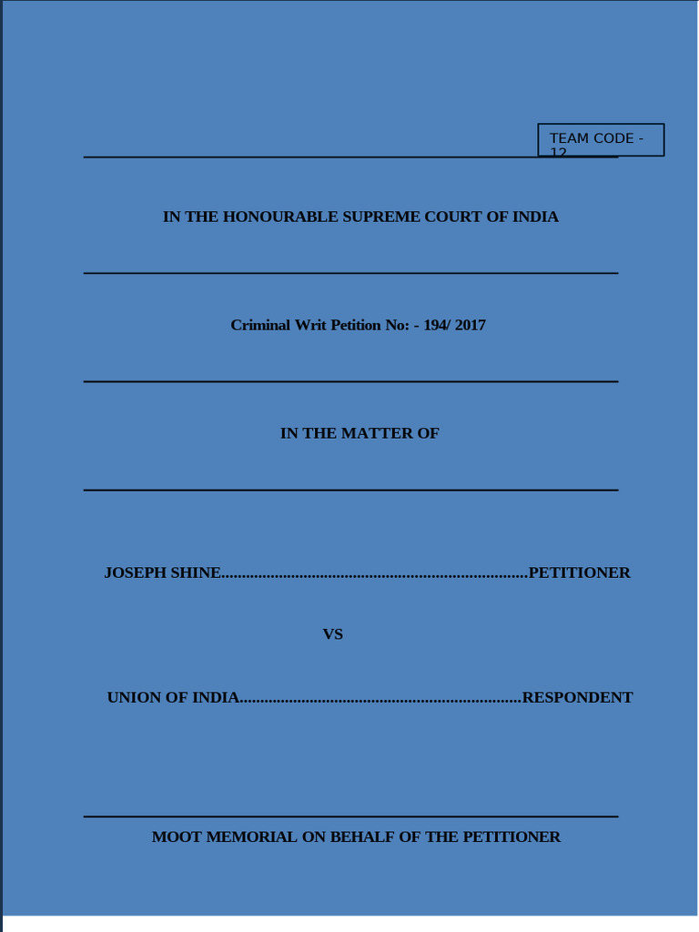 Joseph Shine Vs Uoi Case Petitioner Side | PDF | Common Law | Justice