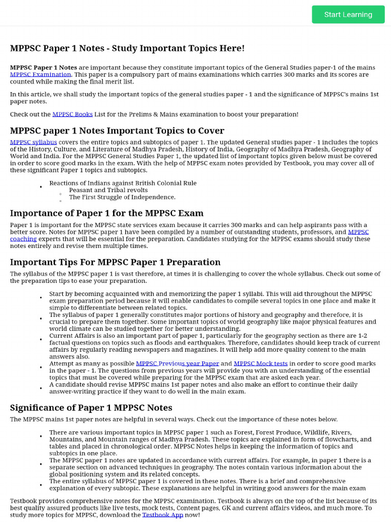 MPPSC Paper 1 Notes PDF - Study Important Topics in Detail! | PDF