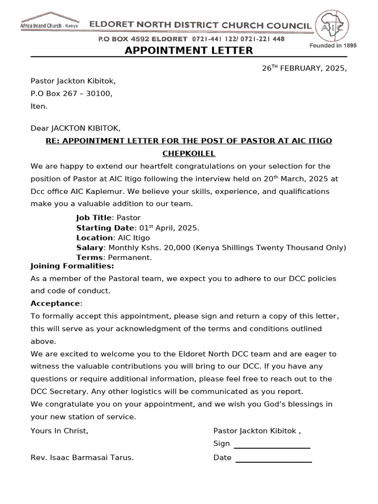 Appointment Letter for Pastor at AIC Itigo | PDF