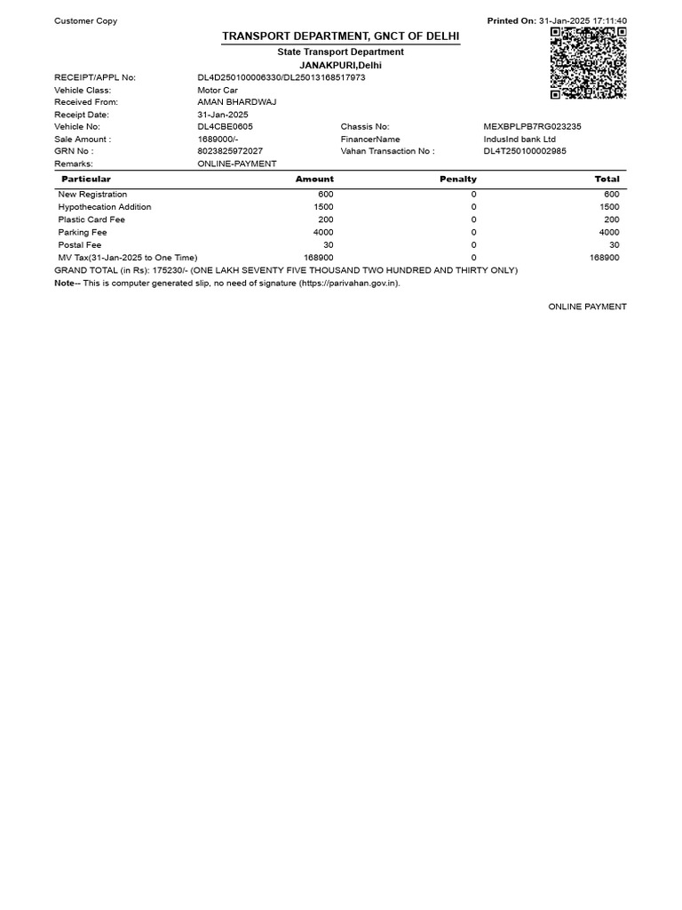 Vehicle Registration Receipt - Aman Bhardwaj | PDF