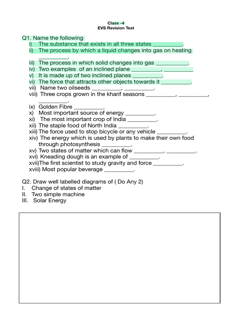 Class 4 EVS Revision Test Questions | PDF